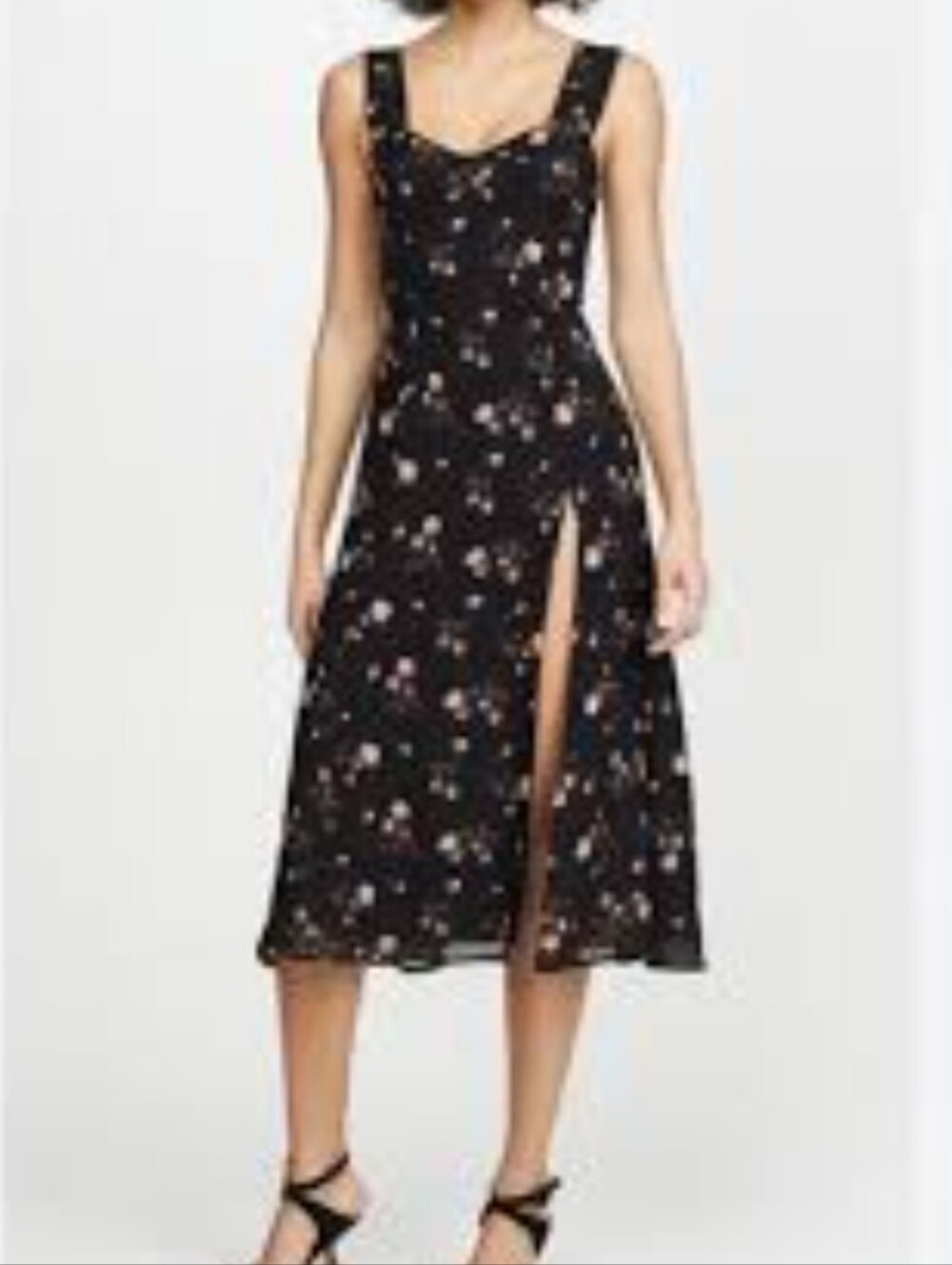 Reformation Black Floral Midi Dress with Front Slit